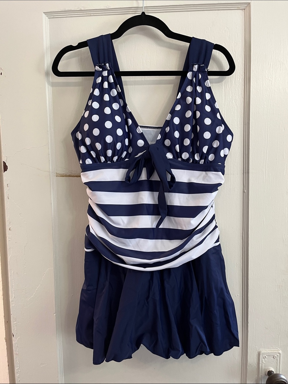 Navy & White Polka Dot and Stripe One-Piece Swimdress